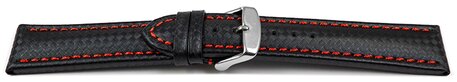 Uhrenarmband - Leder - Carbon Prgung - schwarz - rote Naht 20mm Stahl