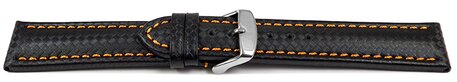 Uhrenarmband - Leder - Carbon Prgung - schwarz - orange Naht - 18mm Stahl
