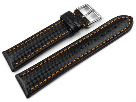 Uhrenarmband - Leder - Carbon Prgung - schwarz - orange Naht - 18mm Stahl