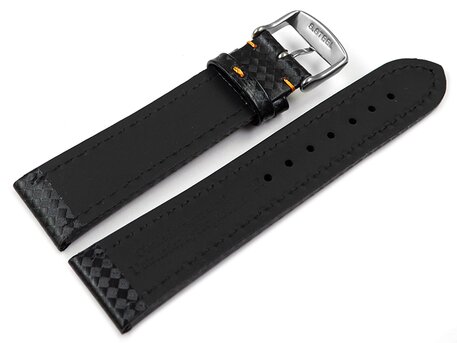 Uhrenarmband - Leder - Carbon Prgung - schwarz - orange Naht - 22mm Stahl