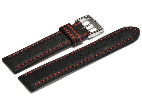Correa de reloj de cuero negro costura roja 18mm 20mm 22mm 24mm