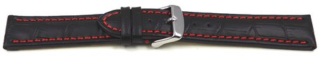 Uhrenarmband - gepolstert - Kroko Prgung - Leder - schwarz - rote Naht XL 20mm Stahl