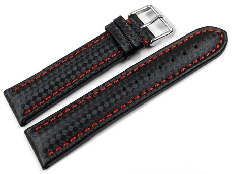 Uhrenarmband - Leder - Carbon Prgung - schwarz - rote Naht 20mm Stahl