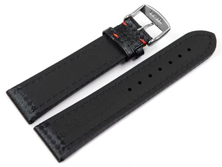 Uhrenarmband - Leder - Carbon Prgung - schwarz - rote Naht 22mm Stahl