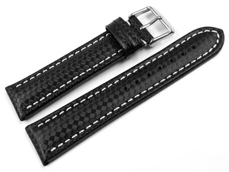 Uhrenarmband - Leder - Carbon Prgung - schwarz - weie Naht 20mm Stahl