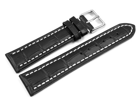 Correa reloj-Tenera-Estampado de cocodrilo-negro/Costura blanca 20mm Acero