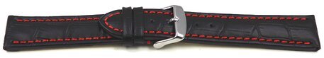 Uhrenarmband - gepolstert - Kroko Prgung - Leder - schwarz - rote Naht 24mm Stahl