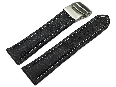 Correa reloj-Piel de ternera-grabado-Depl.-negro/costura Blanca 22mm Acero