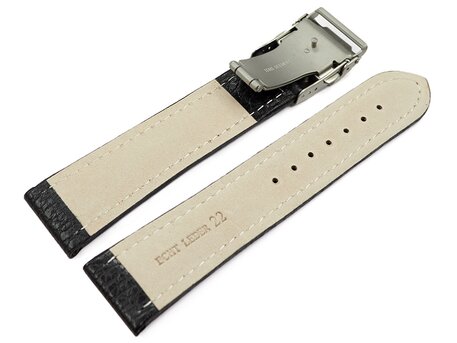 Correa reloj-Piel de ternera-grabado-Depl.-negro/costura Blanca 22mm Acero