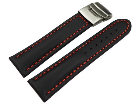 Correa reloj - Piel de ternera lisa - Deployante - negro - Costura roja 20mm Acero