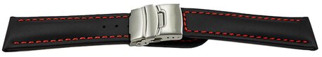 Correa reloj - Piel de ternera lisa - Deployante - negro - Costura roja 22mm Acero