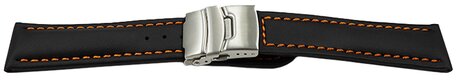 Correa reloj - Piel de ternera lisa - Deployante - negro - Costura naranja 22mm Acero