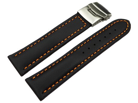 Correa reloj - Piel de ternera lisa - Deployante - negro - Costura naranja 22mm Acero