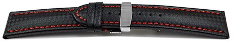 Kippfaltschliee - Uhrenarmband - Leder - Carbon - schwarz - rote Naht 20mm Stahl