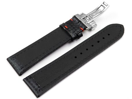 Kippfaltschliee - Uhrenarmband - Leder - Carbon - schwarz - rote Naht 20mm Stahl