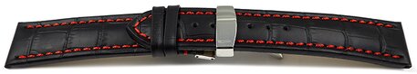 Kippfaltschliee - Uhrenarmband - Leder - Kroko - schwarz - rote Naht 22mm Stahl