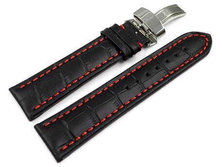 Kippfaltschliee - Uhrenarmband - Leder - Kroko - schwarz - rote Naht 22mm Stahl
