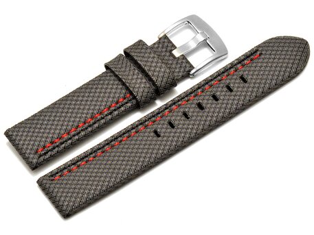 Correa para reloj - hebijón ancho - HighTech - aspecto textil - gris - costura negra y roja