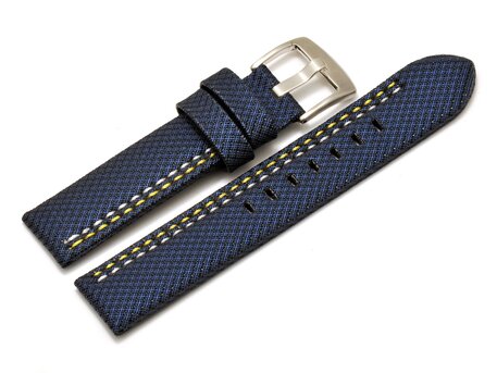 Correa para reloj - hebijn ancho - HighTech - aspecto textil - azul - costura amarilla y blanca 20mm