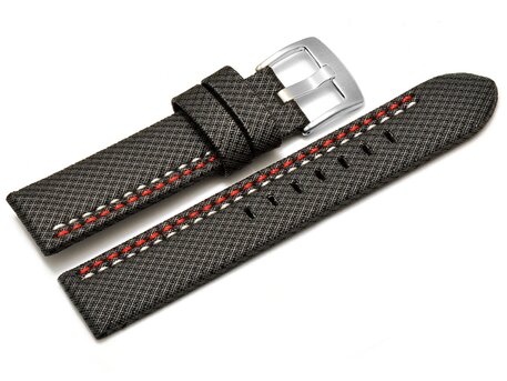 Correa para reloj - hebijn ancho - HighTech - aspecto textil - gris - costura roja y blanca 24mm