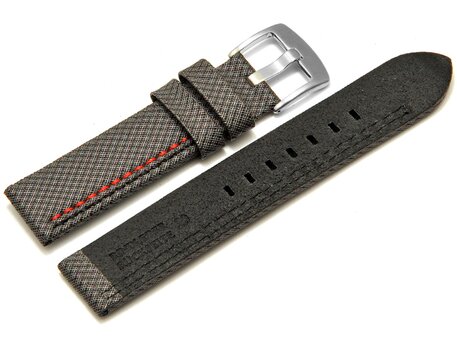 Correa para reloj - hebijn ancho - HighTech - aspecto textil - gris - costura negra y roja 22mm