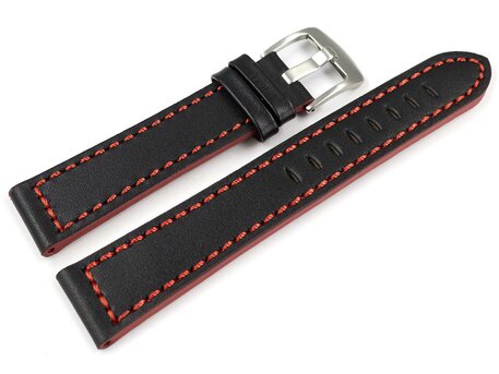 Correa de reloj de cuero deportivo negro con costuras rojas 18mm 20mm 22mm 24mm