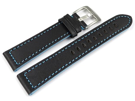 Correa de reloj de cuero deportivo negro con costuras azul claro 18mm 20mm 22mm 24mm