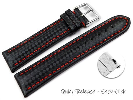 Schnellwechsel Uhrenarmband - Leder - Carbon Prgung - schwarz - rote Naht