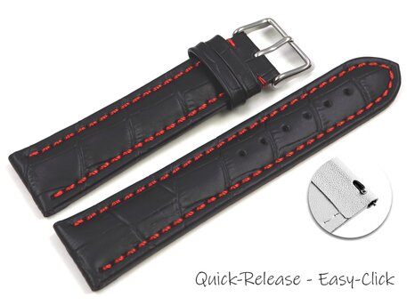 XL Schnellwechsel Uhrenarmband - Kroko Prgung - gepolstert - Leder - schwarz - rote Naht XL