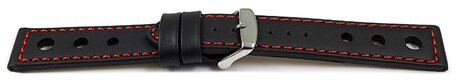 Correa de reloj de cuero perforado negro costura roja 18mm 20mm 22mm 24mm
