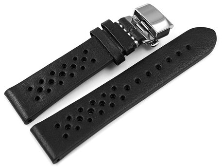 XL Correa de reloj con mariposa transpirable de cuero negro perforado 18mm Acero