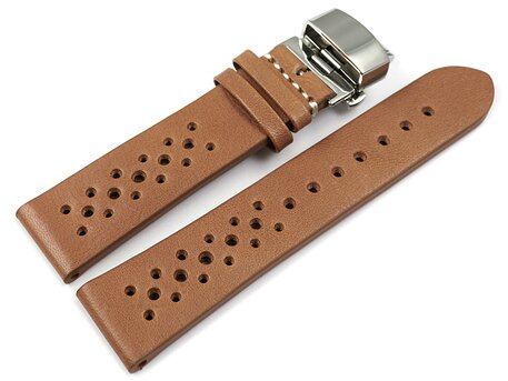 XL Correa de reloj con mariposa transpirable de cuero marrn claro perforado 18mm Acero