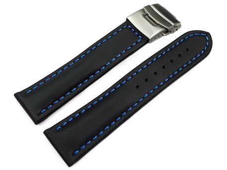 Faltschliee Uhrenband Leder Glatt schwarz blaue Naht 18mm 20mm 22mm 24mm 26mm