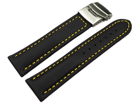Faltschliee Uhrenband Leder Glatt schwarz gelbe Naht 18mm 20mm 22mm 24mm 26mm