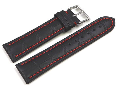 Correa de reloj acolchada de cuero croco repujado negro con costuras rojas 18mm 20mm 22mm 24mm